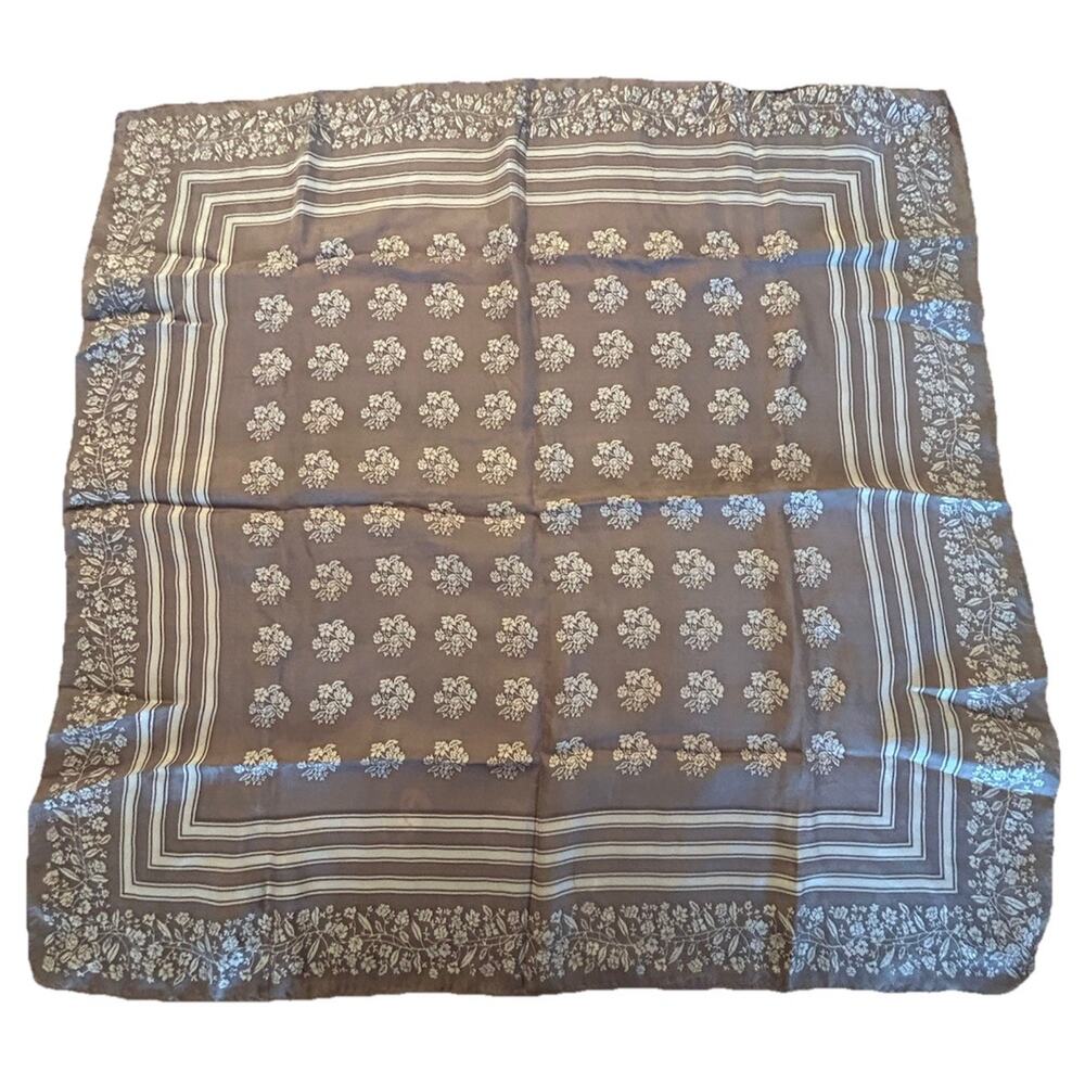Vtg Glentex Scarf Brown‎ Floral Stripe Border 26" Square Silk Blend Rolled Hem